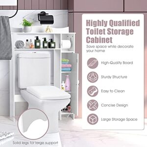 Tangkula Over The Toilet Storage Cabinet, Bathroom Space Saver w/Adjustable Shelves & Paper Holder, Freestanding Home Organizer Toilet Rack Stand w/Side Door & Anti-Topping Design, White