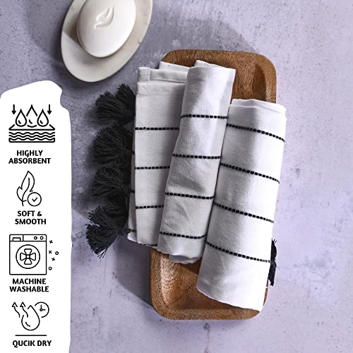 Folkulture Hand Towels for Bathroom, Set of 2 Boho Hand Towel for Bathroom, 100% Cotton Hanging and Decorative Towels for Bathroom with Tassels, 16" x 30" Inches (Hamilton Black and White)