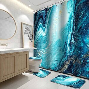 lnond 4 piece blue marble shower curtain set, abstract modern luxury gold bathroom set, texture teal spiral bathroom decor set with shower curtain,non-slip bath rugs and bathroom mat accessories