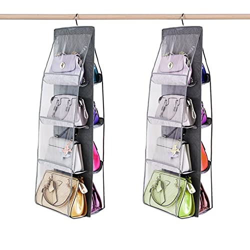 IGOYDD Hanging Handbag Purse Organizer for Closet, Purse Storage for Family Closets & Dorm Room with 8 Easy Access Clear Pockets, Foldable, Washable, 2 Pack, Gray