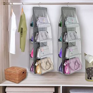 IGOYDD Hanging Handbag Purse Organizer for Closet, Purse Storage for Family Closets & Dorm Room with 8 Easy Access Clear Pockets, Foldable, Washable, 2 Pack, Gray