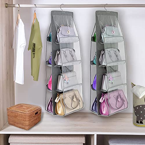 IGOYDD Hanging Handbag Purse Organizer for Closet, Purse Storage for Family Closets & Dorm Room with 8 Easy Access Clear Pockets, Foldable, Washable, 2 Pack, Gray