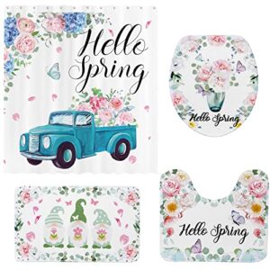 4 pieces hello spring truck floral shower curtain sets with non slip rug butterfly bathroom shower curtain spring gnome bath u shaped mat toilet lid cover waterproof spring bathroom set with hooks