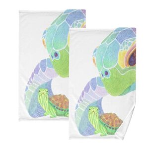 jucciaco watercolor cute turtle cotton towels for bathroom, soft absorbent hand towel set of 2 for yoga gym kitchen decorative, 16x28 inch