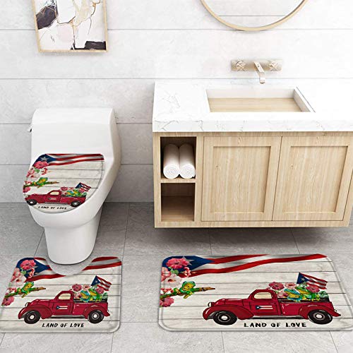Puerto Rican Flags and Frogs on Board Shower Curtain Sets 4 Pieces with Non-Slip Rugs,Waterproof Bathroom Curtains, Hibiscus Flowers and Truck Decor Bath Mat, Toilet Lid Cover and Floor Door Mat