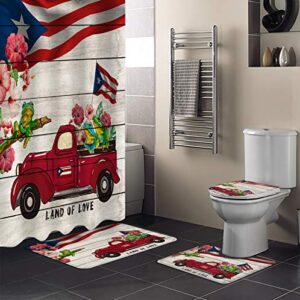 Puerto Rican Flags and Frogs on Board Shower Curtain Sets 4 Pieces with Non-Slip Rugs,Waterproof Bathroom Curtains, Hibiscus Flowers and Truck Decor Bath Mat, Toilet Lid Cover and Floor Door Mat