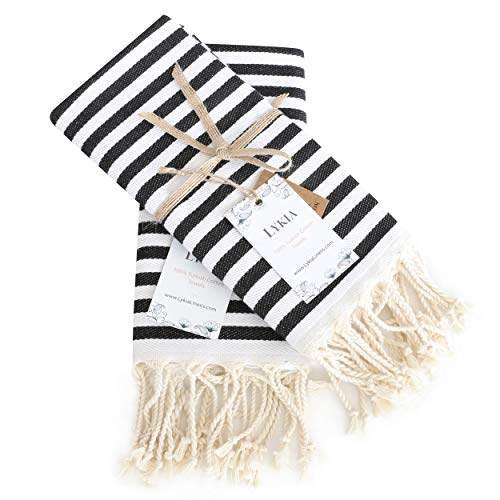 Lykia Turkish Hand Towel Set of 2 - Decorative Hand Towels for Bathroom and Kitchen - 100% Cotton 17x40 Inches - Great for Bath and Farmhouse Boho Style Housewarming Decor Gifts (Black and White)