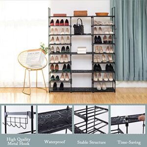 CLIFFBUCK 9 Tiers Shoe Rack Organizer for Closet Large Shoe Rack Storge for 50-55 Pairs Shoe and Boots Stackable Black Metal Free Standing Shoe Racks with Side Hooks for Garage，Bedroom