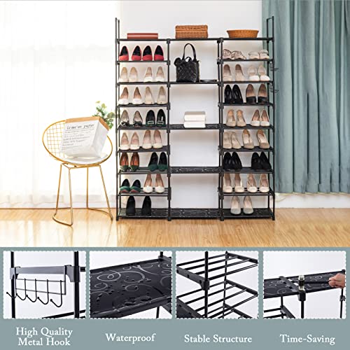 CLIFFBUCK 9 Tiers Shoe Rack Organizer for Closet Large Shoe Rack Storge for 50-55 Pairs Shoe and Boots Stackable Black Metal Free Standing Shoe Racks with Side Hooks for Garage，Bedroom