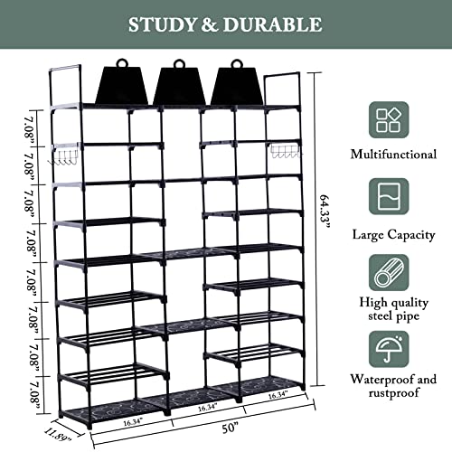 CLIFFBUCK 9 Tiers Shoe Rack Organizer for Closet Large Shoe Rack Storge for 50-55 Pairs Shoe and Boots Stackable Black Metal Free Standing Shoe Racks with Side Hooks for Garage，Bedroom