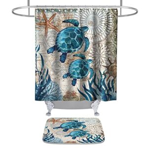 final friday sea turtles ocean nautical bathroom sets with beach shower curtain and rugs and accessories decor with memory foam non slip velvet bath mat and 12 hooks(72wx72h,2pcs)