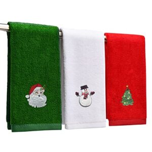 Afaris Christmas Hand Towels 16 x 25 Inch, Pure Cotton Soft Towels for Drying & Cleaning, Xmas Claus Snowman Trees for Bathroom Kitchen Wash Basin,Holiday Home Decor Set of 3(Red, White,Green)