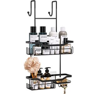 hapirm hanging shower caddy over the door with soap holder, no drilling adhesive shower organizer with 11 hooks, rustproof & waterproof 304 stainless steel shower shelves for bathroom - black