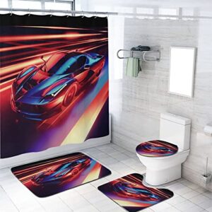 4 piece shower curtain sets racing extreme sports speed games automobile with non-slip rugs toilet lid cover and bath mat bathroom decor set 72" x 72"