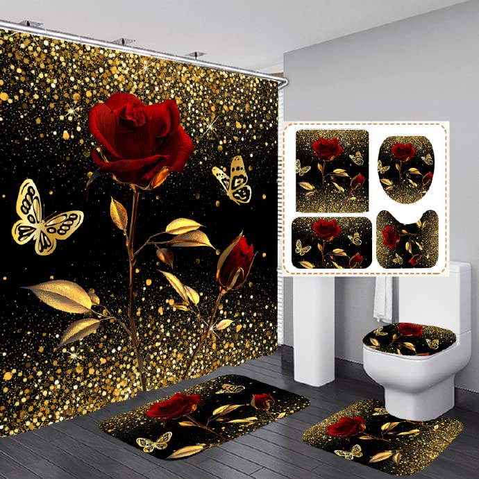 RinRinfam 4Pcs Gold Rose Shower Curtain Set, Gold Star Sparks Butterfly Curtain with Non-Slip Rug,Toilet Lid Cover,U Shape Mat,Curtain with 12 Hooks Bathroom Decor Sets,Black 72"×72"