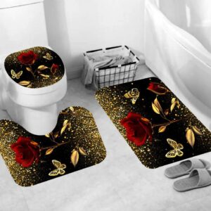 RinRinfam 4Pcs Gold Rose Shower Curtain Set, Gold Star Sparks Butterfly Curtain with Non-Slip Rug,Toilet Lid Cover,U Shape Mat,Curtain with 12 Hooks Bathroom Decor Sets,Black 72"×72"