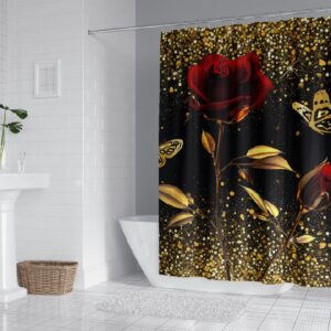 RinRinfam 4Pcs Gold Rose Shower Curtain Set, Gold Star Sparks Butterfly Curtain with Non-Slip Rug,Toilet Lid Cover,U Shape Mat,Curtain with 12 Hooks Bathroom Decor Sets,Black 72"×72"