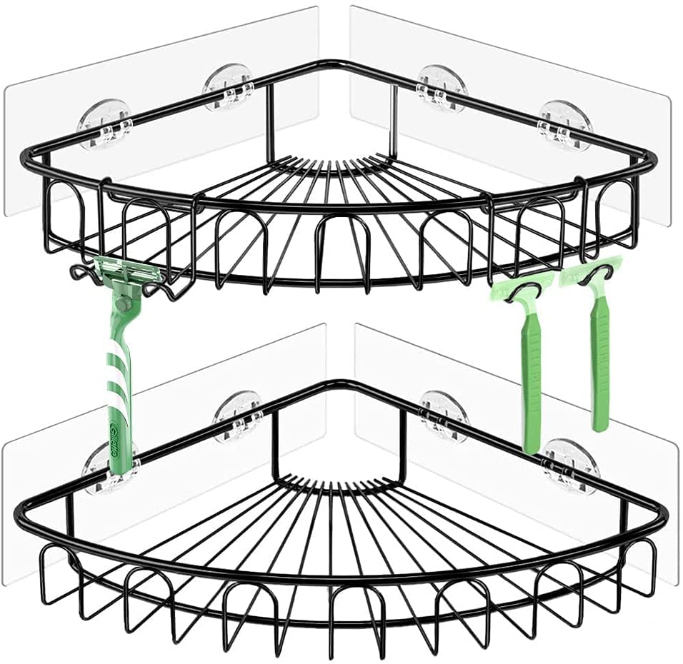 Orimade 2 Pack Corner Shower Caddy Stainless Steel with Hooks bundle with Corner Shower Caddy with Soap Holder 3 Pack Black