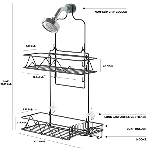 GeekDigg Hanging Shower Caddy, Height Adjustable Shower Organizer Over Shower Head, Stainless Steel Rustproof Shower Shelves with Soap Holder for Bathroom, Bathtub, Shower Room- Black