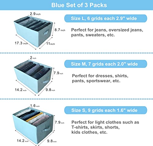 Closet Organizers and Storage, Foldable Wardrobe Clothes Organizer Blue 3-Pack(Size S M L), Good Fabric Clothes Storage Organizer Lonyork