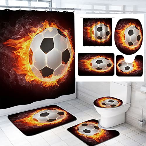 KKH Soccer Shower Curtain Set for Teens Boys, Football Ball On Fire Sports Bathroom Decor Bath Curtain with Rugs Toilet Lid Cover Bath Mat, 4PCS/Set Game Bathroom Decor, 72x72 inch