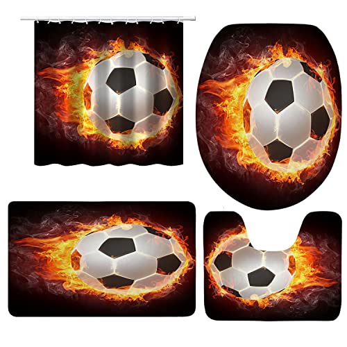 KKH Soccer Shower Curtain Set for Teens Boys, Football Ball On Fire Sports Bathroom Decor Bath Curtain with Rugs Toilet Lid Cover Bath Mat, 4PCS/Set Game Bathroom Decor, 72x72 inch