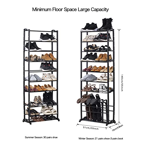 MITLOXX 10 Tier Shoe and Boot Rack Storage Organizer for Closet Entryway Floor, Narrow Tall Shoe Shelf Tower with Boot Holder, Black