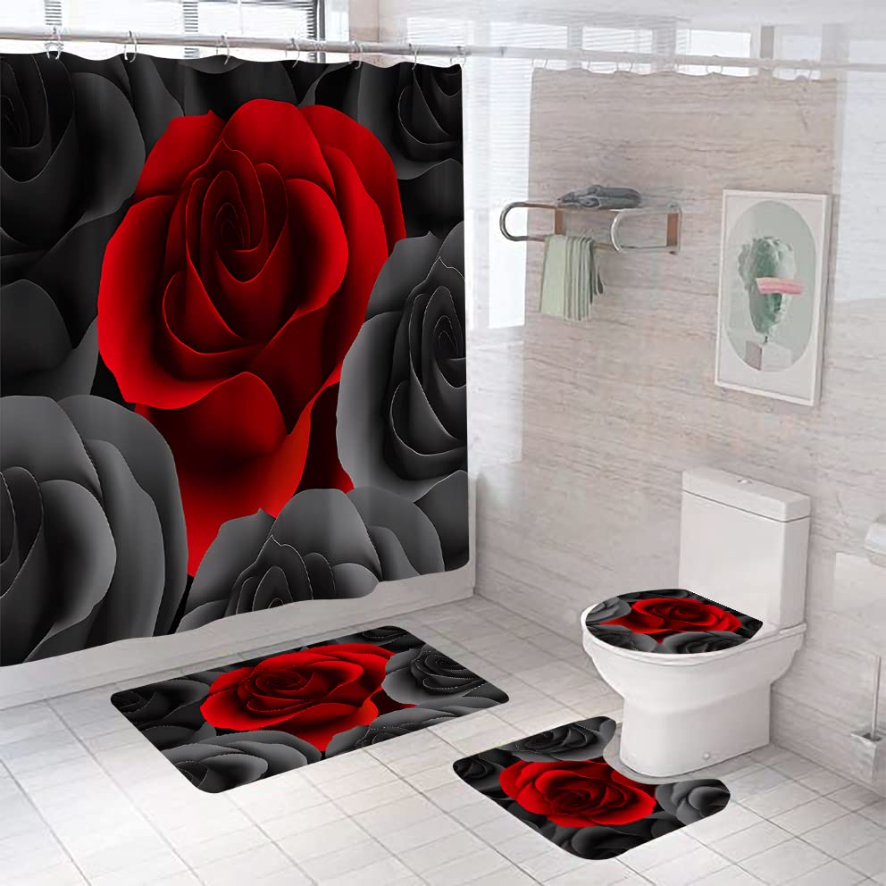 Red Rose Flowers Shower Curtain Set with Non-Slip Rugs and Toilet Lid Cover Floral Theme Fabric Shower Curtain Bathroom Decor with Hooks Waterproof Washable 72" x 72''