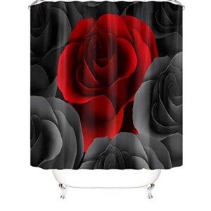 Red Rose Flowers Shower Curtain Set with Non-Slip Rugs and Toilet Lid Cover Floral Theme Fabric Shower Curtain Bathroom Decor with Hooks Waterproof Washable 72" x 72''