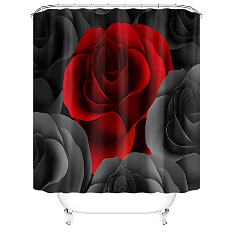 Red Rose Flowers Shower Curtain Set with Non-Slip Rugs and Toilet Lid Cover Floral Theme Fabric Shower Curtain Bathroom Decor with Hooks Waterproof Washable 72" x 72''