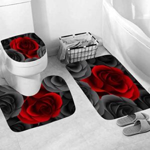 Red Rose Flowers Shower Curtain Set with Non-Slip Rugs and Toilet Lid Cover Floral Theme Fabric Shower Curtain Bathroom Decor with Hooks Waterproof Washable 72" x 72''