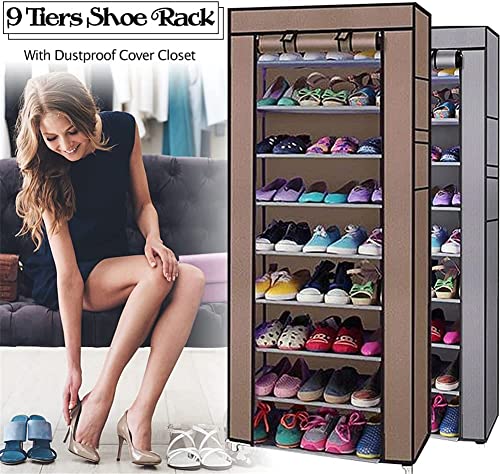 Mekek Shoe Rack Closet, 9 tiers Shoe Rack With Dustproof Cover Closet Shoe Storage Cabinet Organizer Brown