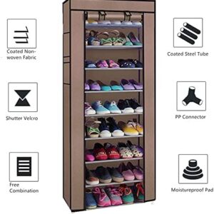 Mekek Shoe Rack Closet, 9 tiers Shoe Rack With Dustproof Cover Closet Shoe Storage Cabinet Organizer Brown