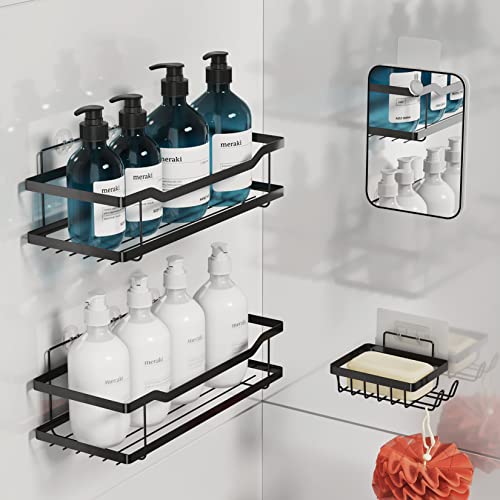 Homeify Bathroom Shower Caddy with Fogless Shower Mirror, 4 Pc Set Includes, 2 Adhesive Shower Shelves, Soap Holder & Fogless Mirror for Shower, No Drilling Rustproof Bathroom Shower Organizer (Black)