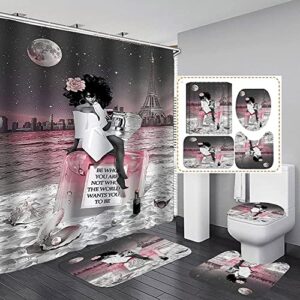 4 pcs perfume paris girl shower curtain sets with 12 hooks waterproof polyester bathroom sets with rugs and accessories-bath mat,toilet lid cover,u-shaped mat,black girl shower curtain for bathroom