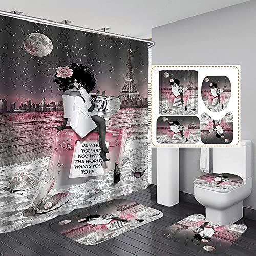 4 Pcs Perfume Paris Girl Shower Curtain Sets with 12 Hooks Waterproof Polyester Bathroom Sets with Rugs and Accessories-Bath Mat,Toilet Lid Cover,U-Shaped Mat,Black Girl Shower Curtain for Bathroom