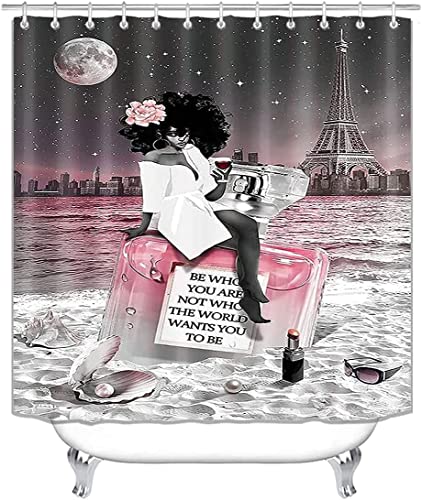 4 Pcs Perfume Paris Girl Shower Curtain Sets with 12 Hooks Waterproof Polyester Bathroom Sets with Rugs and Accessories-Bath Mat,Toilet Lid Cover,U-Shaped Mat,Black Girl Shower Curtain for Bathroom