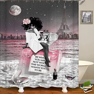 4 Pcs Perfume Paris Girl Shower Curtain Sets with 12 Hooks Waterproof Polyester Bathroom Sets with Rugs and Accessories-Bath Mat,Toilet Lid Cover,U-Shaped Mat,Black Girl Shower Curtain for Bathroom