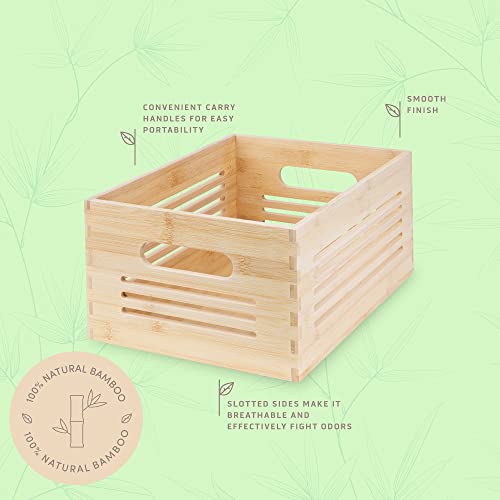 Natural Bamboo Wooden Storage Box – Rustic Farmhouse Look Wood Crate for Storage Decorative Closet, Cabinet and Shelf Basket Organizer with Built in Handles - Multi-Purpose Organizer (Small)