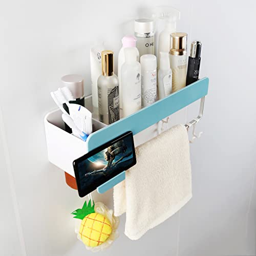 MORNITE Wall Bathroom Organizer Caddy Wall Shelves for Shower No Drilling,Adhesive Bathroom Restroom Shelf Storage Mirror Hanging,Blue