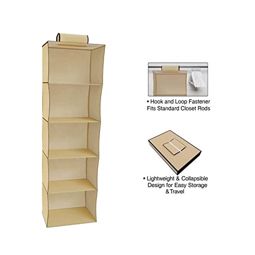 plastific 5 Tier Hanging Wardrobe Storage Shelf Organiser Breathable Closet Pockets Unit Cupboards Shelves Foldable for Clothes Sweaters Shoes Accessories…