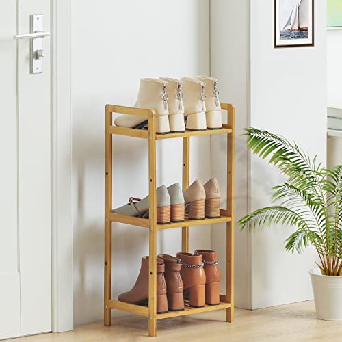 MoNiBloom Shoe Rack Organizer with Handles for Entryway, Bamboo 3-Tier Adjustable Boots Shoe Shelf Organizer for 6-10 Pairs Hallway Bedroom Living room, Natural