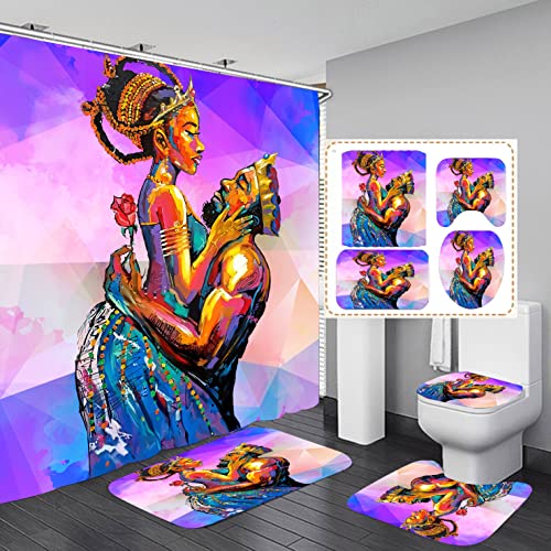 African American Woman Shower Curtains for Bathroom, 4PCS Bathroom Sets Include 1 Fabric Shower Curtain, 2 Non-Slip Bathroom Rugs and 1 Toilet Lid Cover, Black Girl Bathroom Decor