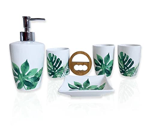 Green Tropical Bathroom Accessory Sets Sturdy Housewarming Gift 5 Pieces Ceramic Bath Accessories Collection Set Palm Tree Decor Toothbrush Holder Lotion Dispenser Soap Dish Tumbler (Green Tropical)