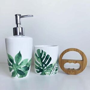 Green Tropical Bathroom Accessory Sets Sturdy Housewarming Gift 5 Pieces Ceramic Bath Accessories Collection Set Palm Tree Decor Toothbrush Holder Lotion Dispenser Soap Dish Tumbler (Green Tropical)