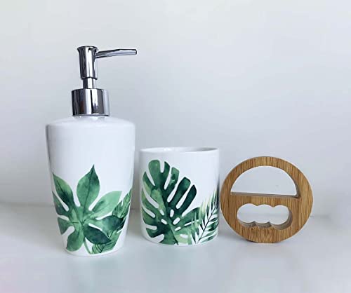 Green Tropical Bathroom Accessory Sets Sturdy Housewarming Gift 5 Pieces Ceramic Bath Accessories Collection Set Palm Tree Decor Toothbrush Holder Lotion Dispenser Soap Dish Tumbler (Green Tropical)