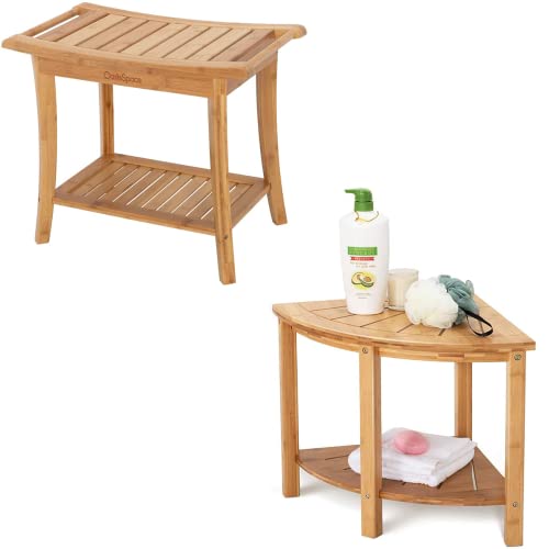 OasisSpace Bamboo Shower Bench, 24" Waterproof Shower Chair with Storage Shelf