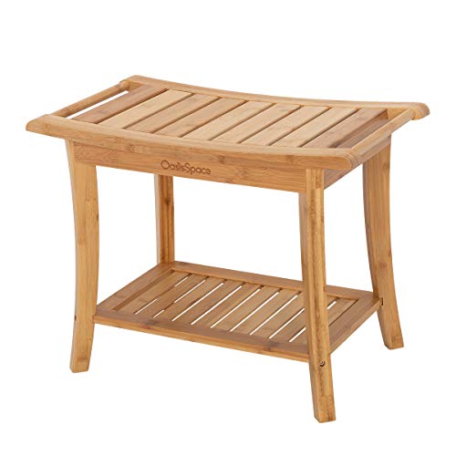 OasisSpace Bamboo Shower Bench, 24" Waterproof Shower Chair with Storage Shelf