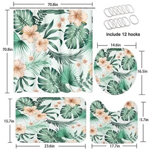 Tropical Palm Leaves Bathroom Sets with Shower Curtain and Rugs and Accessories, Tropical Flower Shower Curtain Set, Tropical Palm Shower Curtains for Bathroom, Tropical Floral Bathroom Decor 4 Pcs