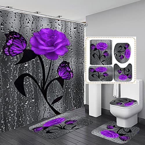 FOFOTOP 4Pcs Shower Curtain Set,Rose Shower Curtain Sets(with Non Slip and Soft Rugs,Bath Mat,U Shape and Toilet Lid Cover Mat) Polyester 70inch X 70inch